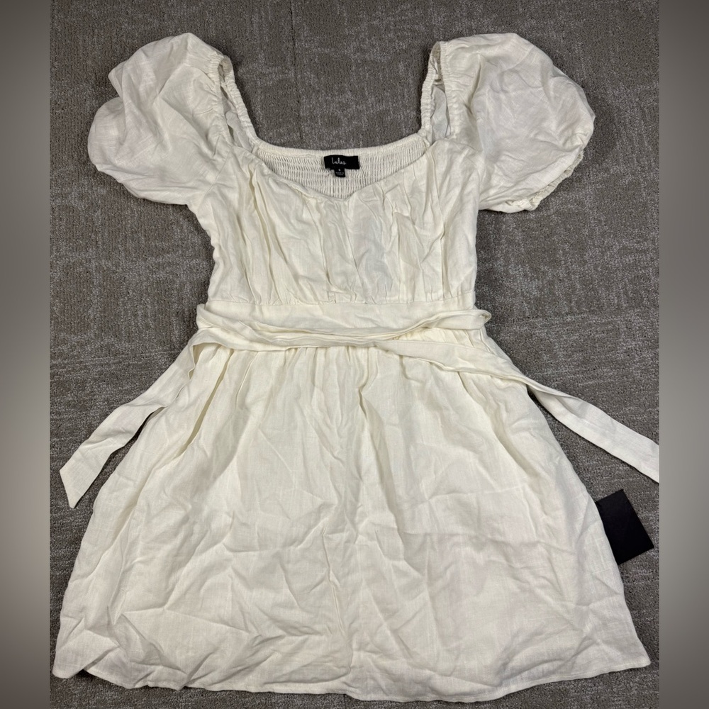 Lulus White Linen Blend Puff Sleeve Mini Boho Dress NWT Size Small